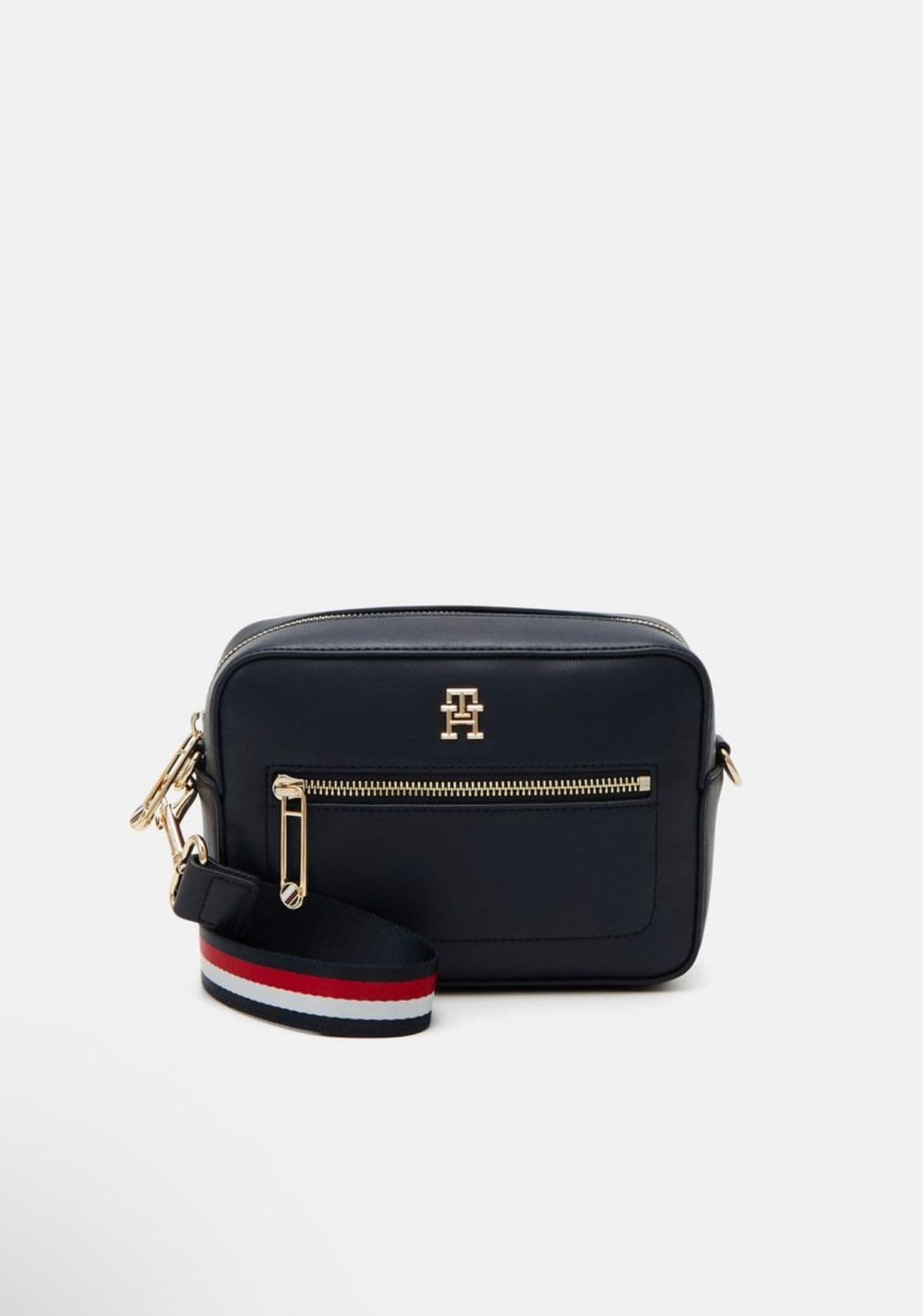 Sac bandoulière camera bleu marine avec bandoulière rayée tricolore et détails dorés