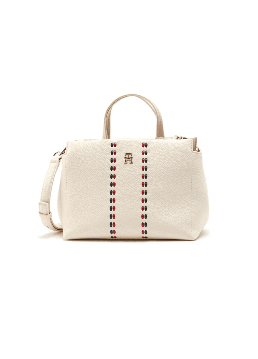 Sac à main beige avec bandes cloutées tricolores et détails dorés